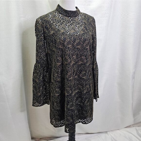 BCBGeneration Black and Gold Lace Bell Sleeve Mini Dress Size XS - Picture 5 of 12